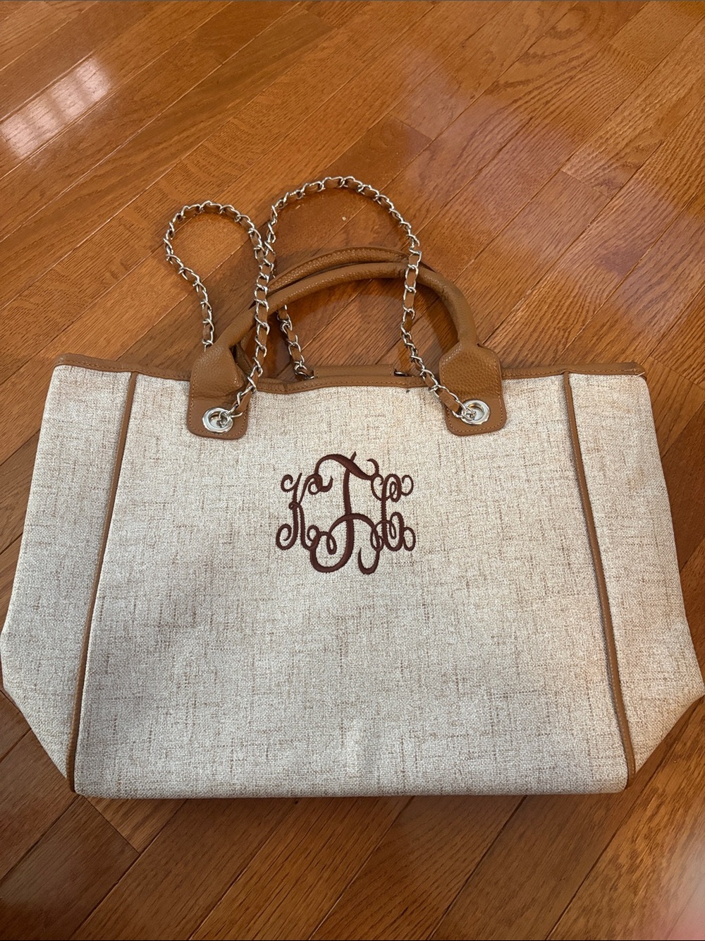 Beige Canvas Tote with Tan Trim and Chain Handles